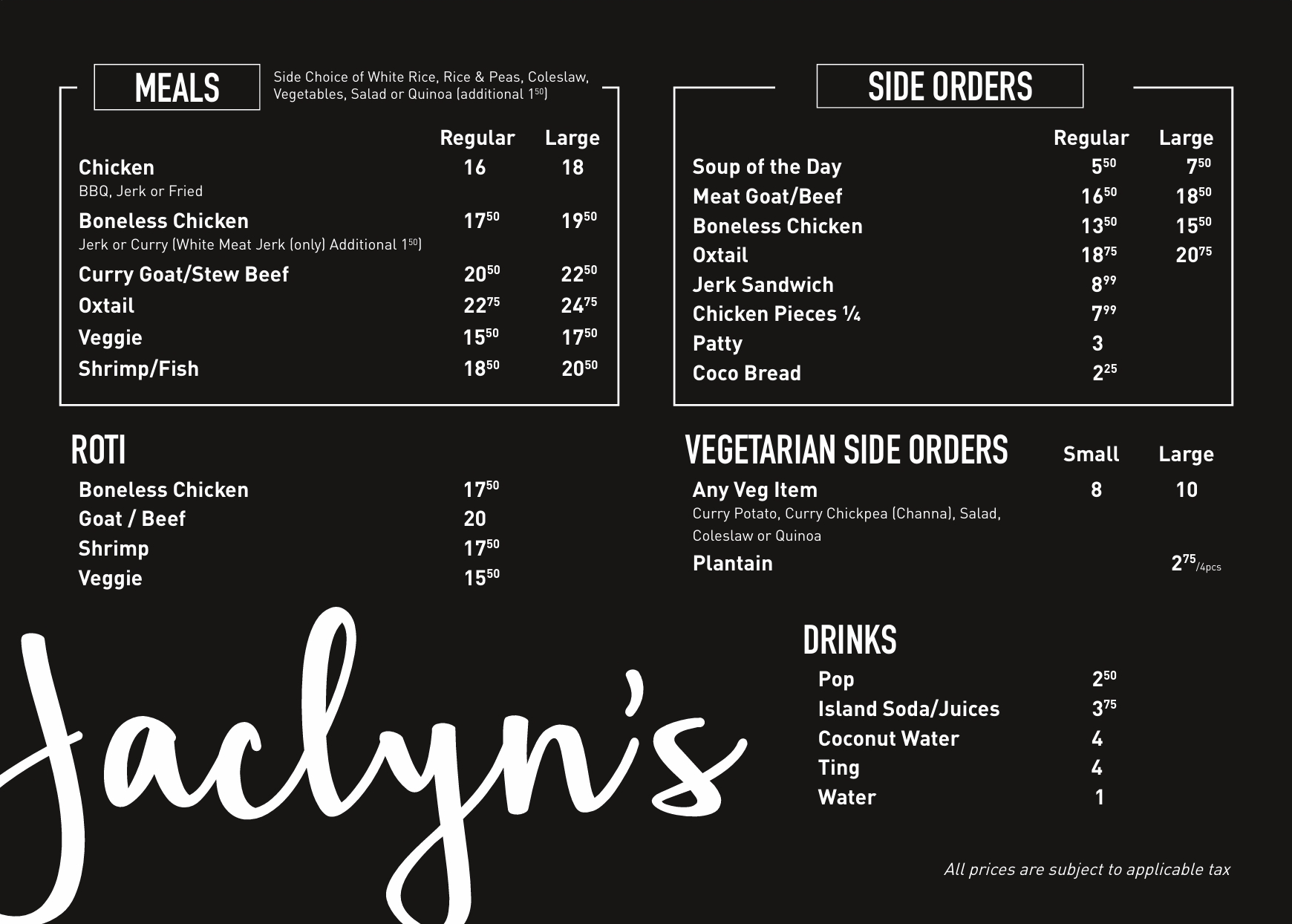 Jaclyns Caribbean Fusion Restaurant Menu